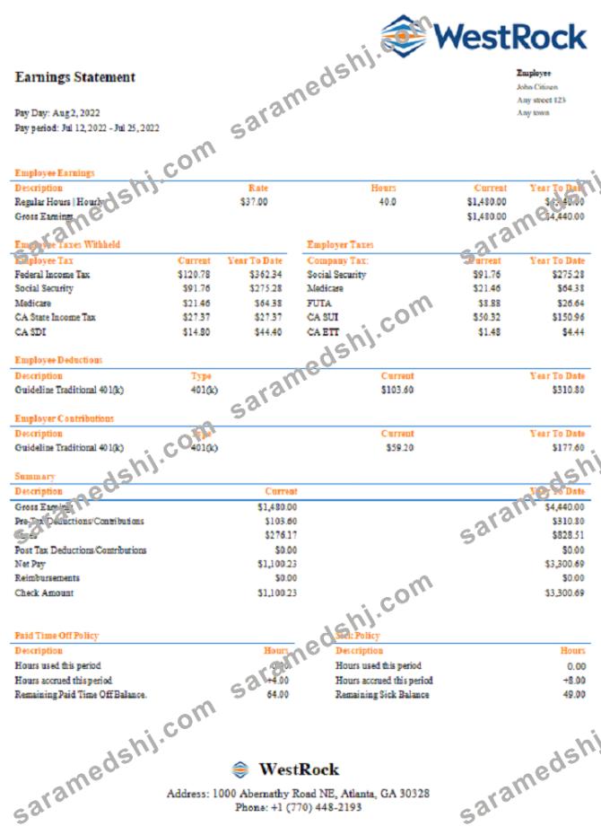 USA WestRock packaging company pay stub